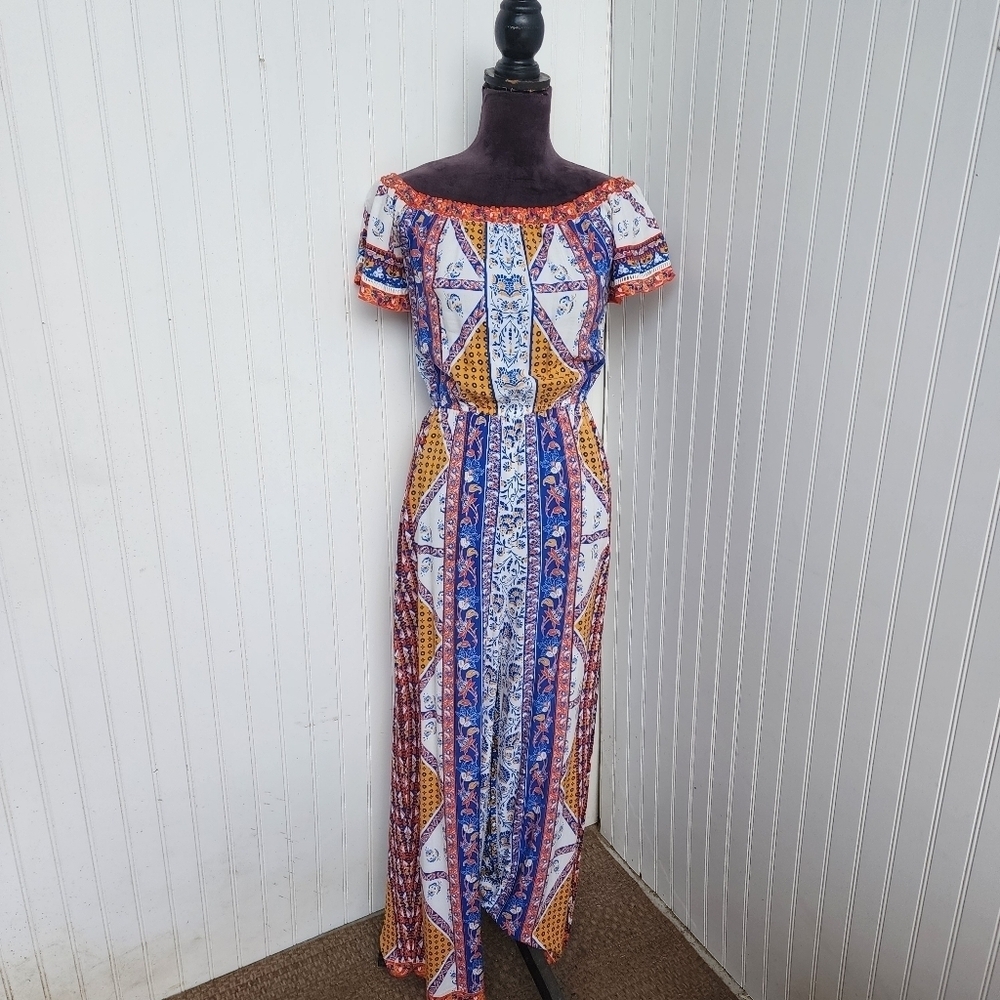 Flying Tomato Women’s Off Shoulder Jumpsuit Romper Blue Orange Geo Print Sz S